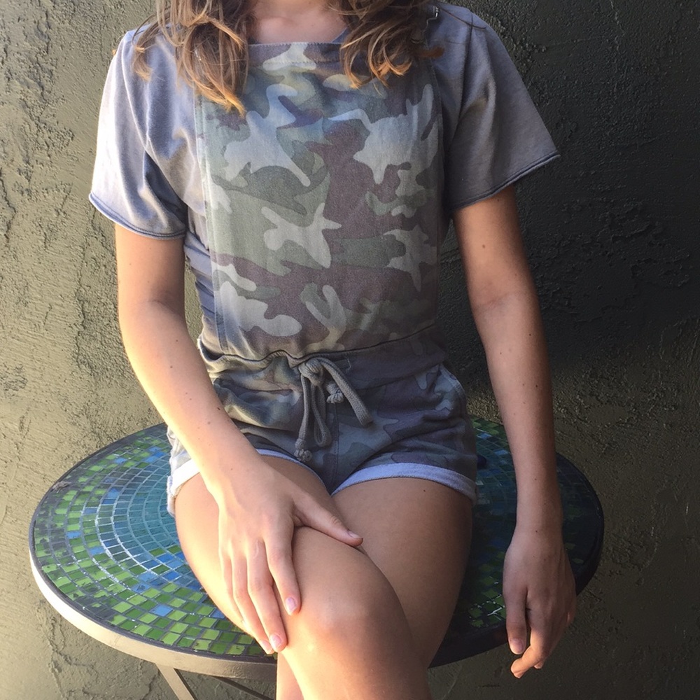 Camo overalls with grey t- shirt